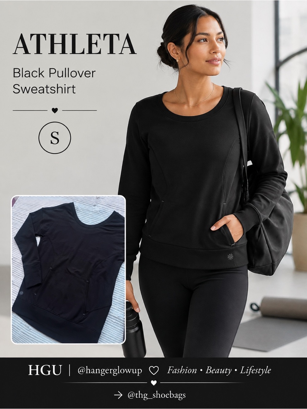 Athleta Black Curved Seam Pocket Pullover Sweatshirt Size S